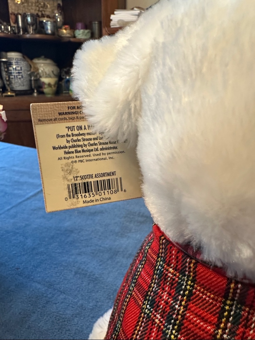 Vintage NWT stuffed white Scottie  with  plaid vest  sings “Put On A Happy Face” - Picture 6 of 8